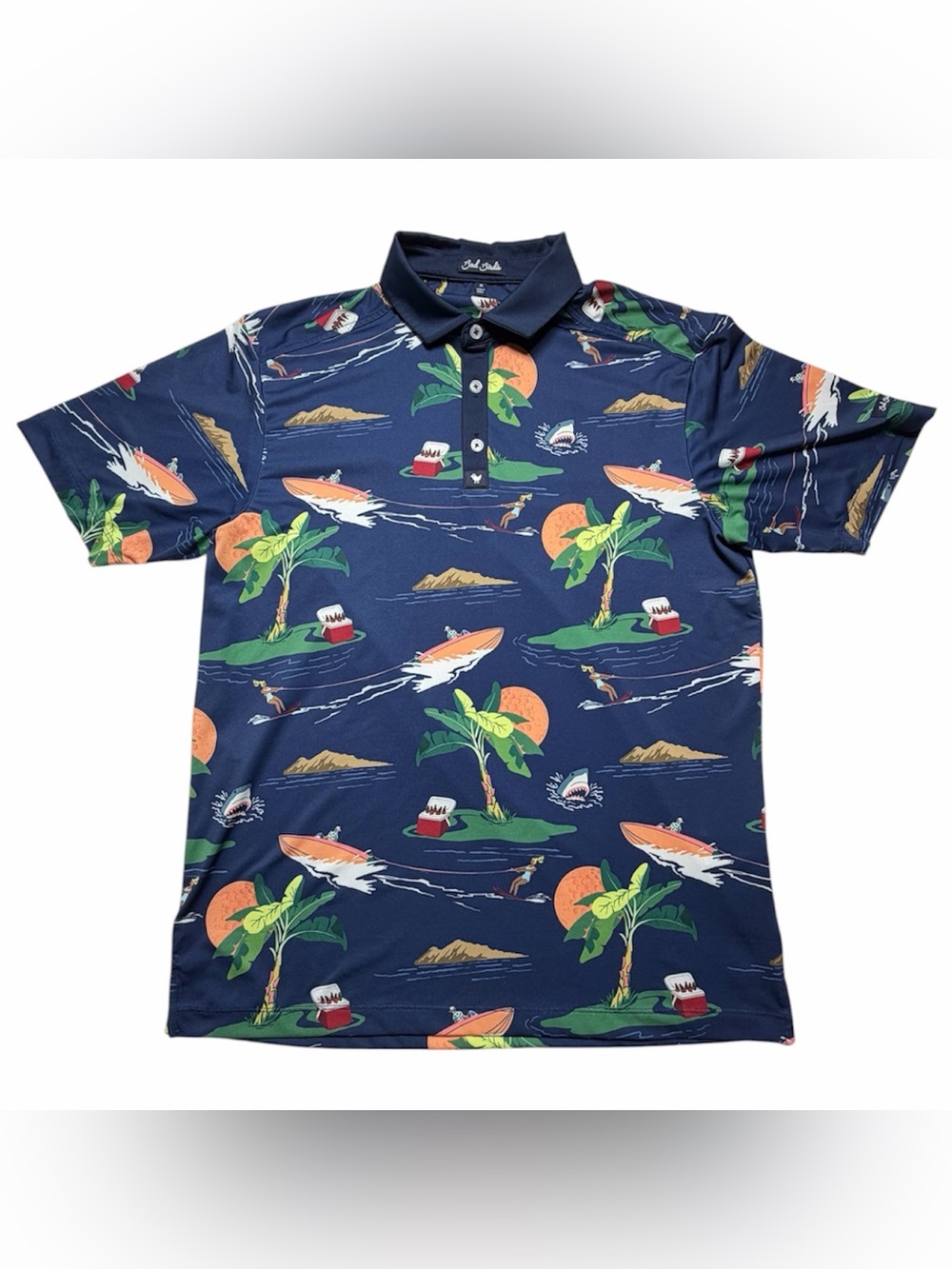 Bad Birdie Mens Golf Polo Shirt Medium Navy Blue Shark Boat Print Performance